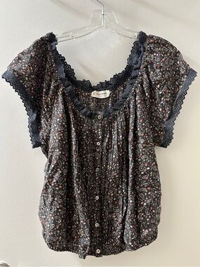 Lucky Brand Black Paisley Lace-Trim Button Front Blouse